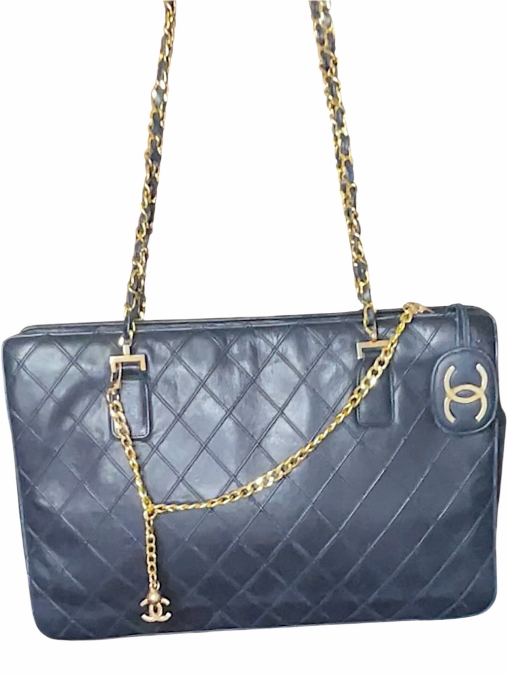 Chanel Vintage Quilted Leather Shoulder Bag Navy Blue Gold Chain CC Logo Tote
